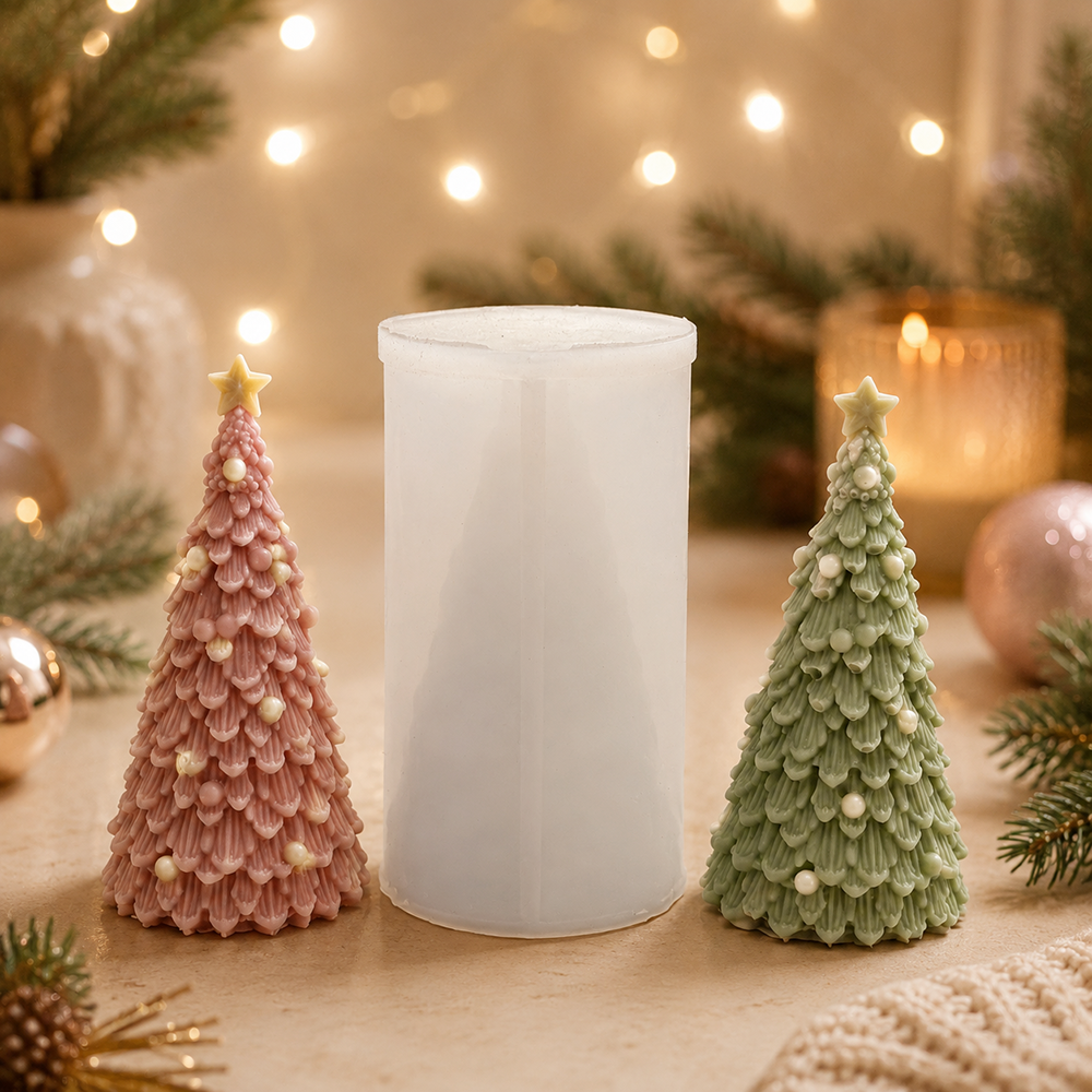 9477 Christmas Tree Silicone Candle Mold with pink and green finished candles