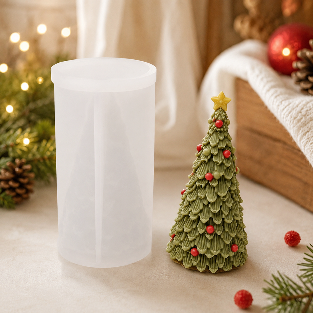 9477 Christmas Tree Silicone Candle Mold with green finished candle