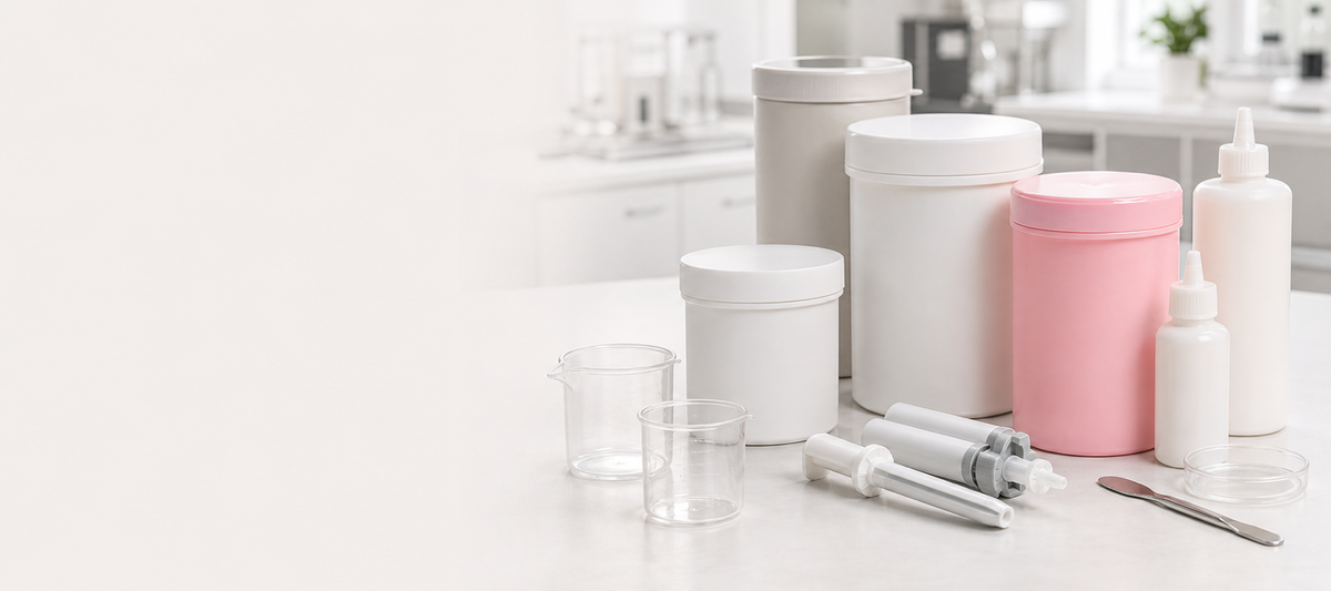 Concept view of unlabeled silicone material containers in a clean laboratory