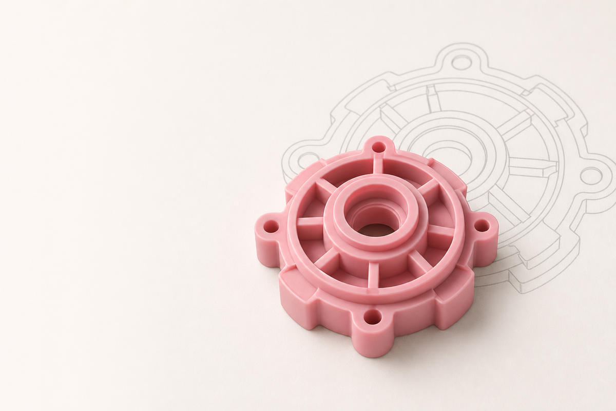 Concept view of a molded part beside a technical line drawing