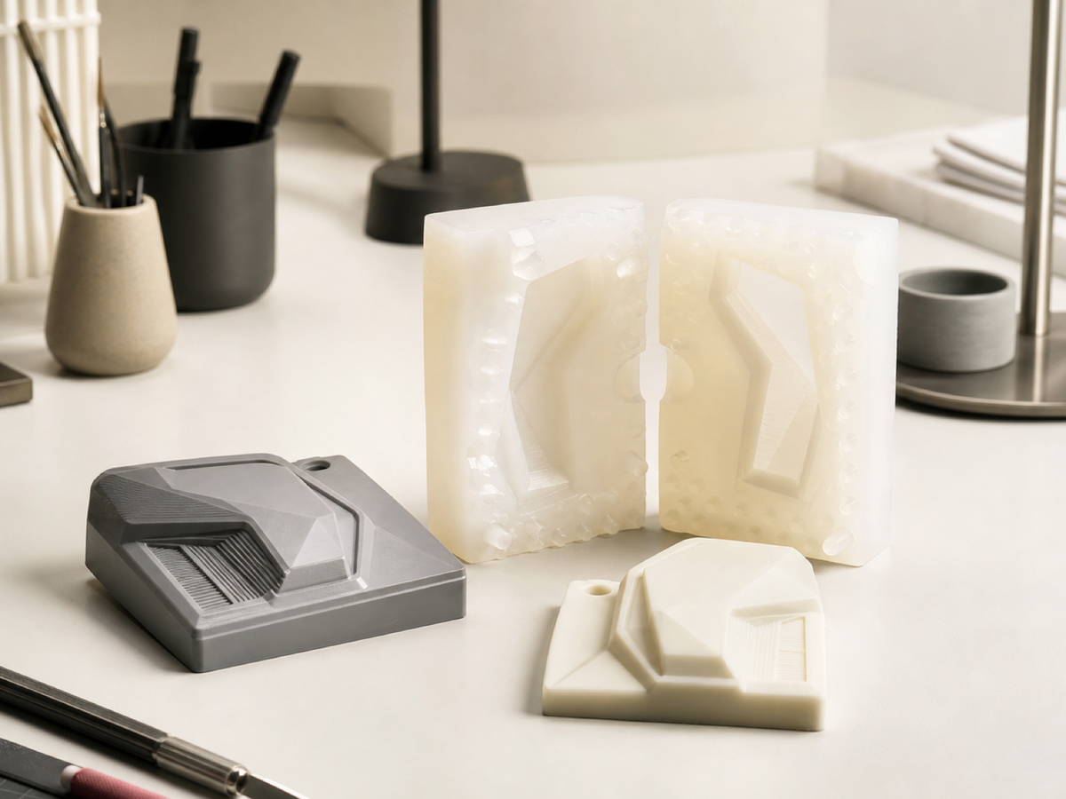 Concept view of a detailed master, translucent silicone mold, and demolded sample on a clean workbench