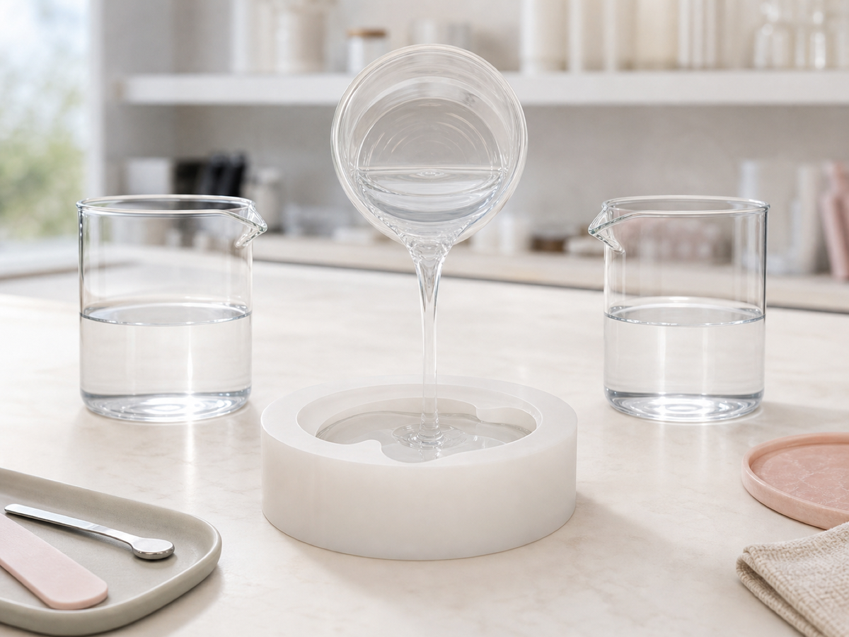 Clear platinum-cure silicone being prepared for a controlled mould pour
